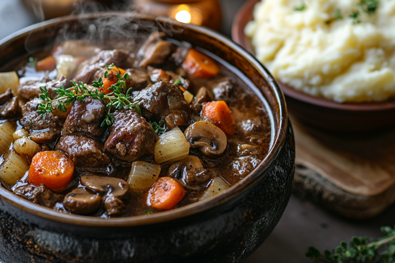 Блюдо для зимнего ужина: ароматная говядина с грибами и вином