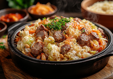 Горячее для уютного семейного ужина: квашеная капуста с мясом в духовке