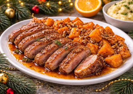 Горячее на праздничный стол: утиная грудка в апельсиново-соевом соусе с бататом — эффектно и очень вкусно