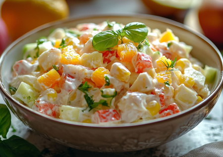 Крабовый салат заиграет по-новому: простой фруктовый поворот с яблоком и мандарином, который удивляет с первой ложки