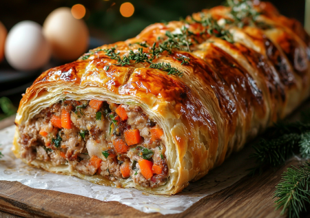 Можно пить шампанское, а не стоять у плиты. Новогодний мясной рулет в тесте — это и горячее, и гарнир