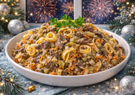 Салат «Усадьба» с яичными блинчиками и печенью — бюджетный хит застолья с шикарным вкусом