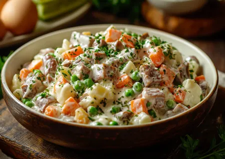 Оливье, который удивляет даже на Новый год: замена колбасы языком и грибами делает салат по-настоящему праздничным