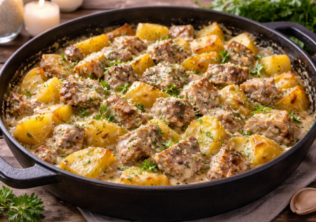 Праздничная свинина с картошкой в одной сковороде — заливка решает все