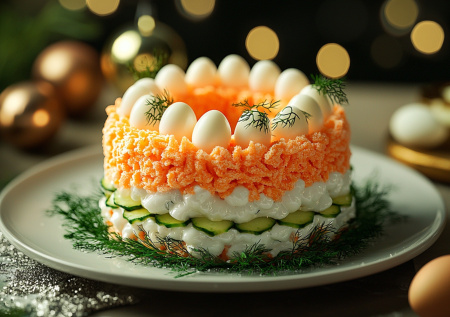 Этот салат-кольцо украл все внимание в прошлом году. «Снежная королева» с кальмарами и перепелиными «жемчужинами» — просто и вкусно