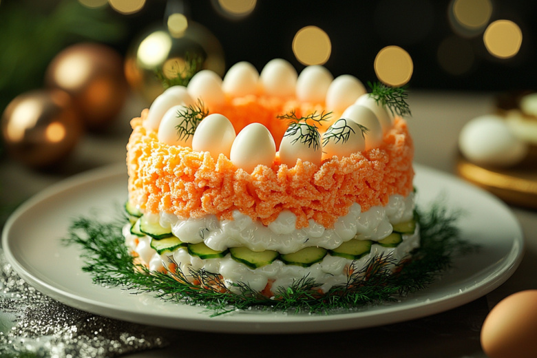 Этот салат-кольцо украл все внимание в прошлом году. «Снежная королева» с кальмарами и перепелиными «жемчужинами» — просто и вкусно
