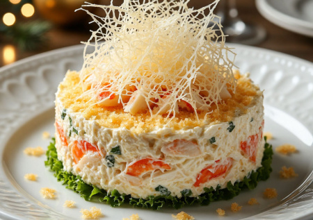 Самый вкусный крабовый салат «Золотая нить» под вуалью из пармезана — настоящее украшение новогоднего стола