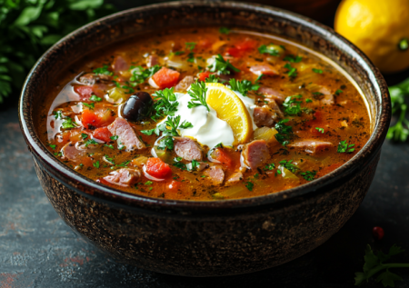 Вместо скучного борща — королевская «Семейная солянка» с тремя видами мяса. Аромат, от которого собираются все родные