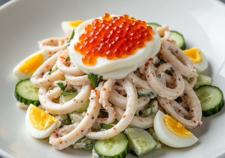Самый любимый семейный салат с кальмарами «Звездопад» — нужны огурчик, яйцо и пара ложек икры