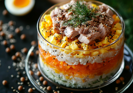 Этот салат-кольцо украсит любой праздник. «Сияние» с тунцом и перепелиными яйцами: элегантно, просто и бесподобно