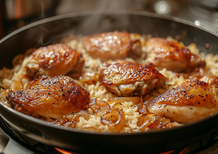 Полноценный ужин на сковороде — тут и мясо, и гарнир: сливочная курица с рисом в томатной заливке