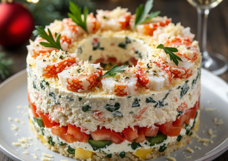 Фирменная версия праздничного угощения! Крабовый салат-торт: 6 ингредиентов, сыр и игристое для настроения