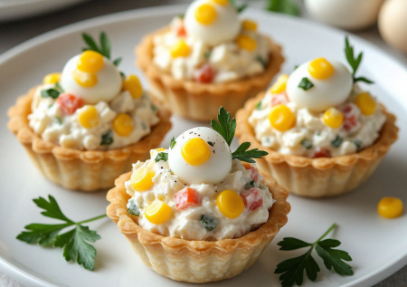 Нежнейший крабовый салат «Жемчужная россыпь» в тарталетках — королевская закуска для вашего стола