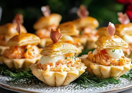 Очень красивая новогодняя закуска. Крабовый салат в слоеных ракушках — нужны пачка теста, сыр и бокал игристого