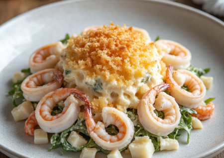 Самый легкий и праздничный салат с морепродуктами: «Иней» — кальмары под хрустящим сырным снегом