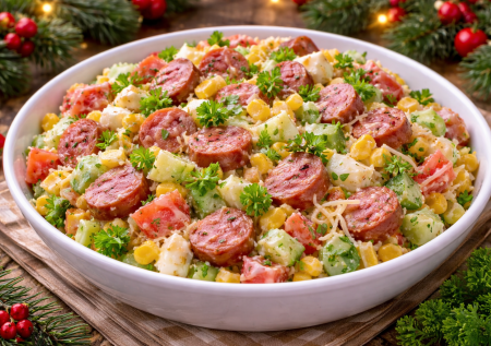 Салат «Дымок» с копчёными колбасками, который сметают первым: простой, только сварить яйца