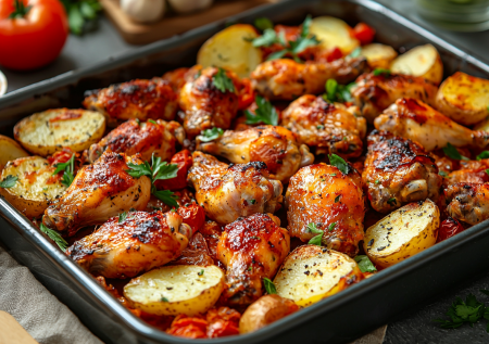 Томатный маринад творит с курицей чудеса: рецепт запеченной картошки с крылышками и помидорами