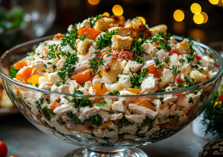 Без слоев и заморочек: салат «Баварский» с сухариками и сметанно-горчичной заправкой