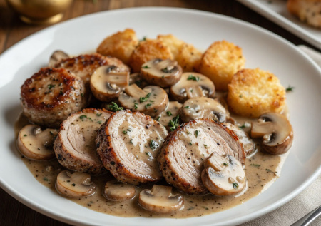 Семья подсела на это праздничное горячее «Полярная ночь» — свинина под сливочно-грибным небом. Сытно и по-домашнему