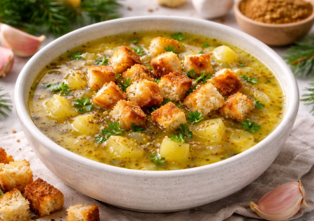Простой картофельный суп с луком и чесноком: то, что нужно после веселья, — вкуснятина с сухариками