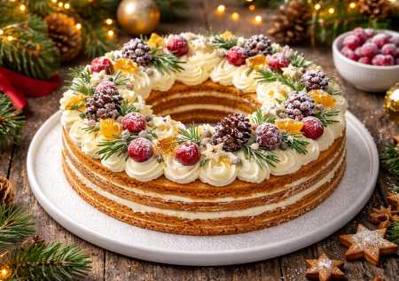 Медовик в форме венка — эффектный новогодний торт с нежным сметанным кремом