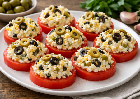 Ну это уже стало классикой: закуска из помидоров с сырной массой и оливками — вкуснятина из 4 ингредиентов