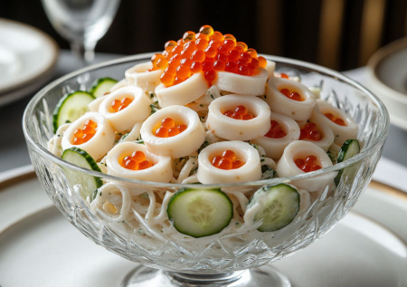 Самый вкусный салат с кальмарами, который я пробовала. «Морская вуаль» с икрой — сияющее украшение вашего стола