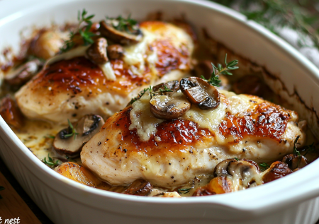 Подсели всей семьей на это горячее «Сказочное гнездо»: куриное филе с грибами, под шубкой из расплавленного сыра