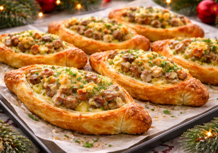 Собираю горячее на Новый год за 10 минут и отдыхаю: лодочки из слоёного теста с мясом и картошкой