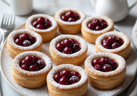 С этой нежностью и штрудель не нужен — вишневые корзинки из готового слоеного теста: открыл упаковку — и через 15 минут готово