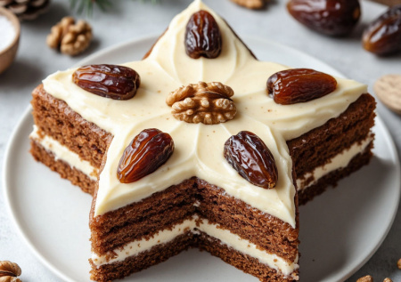 Финики, грецкий орех и сливочный крем — собираю торт «Рождественская звезда». Богатый вкус, сияющий на праздничном столе