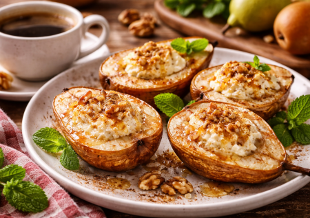 Сладкое и лёгкое помогает после новогодней ночи: груша или яблоко, запечённые с творогом, — идеально с кофе