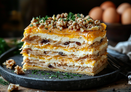 Закусочный торт «Наполеон» с курицей и грибами — нежный вкус и 5 минут на сборку