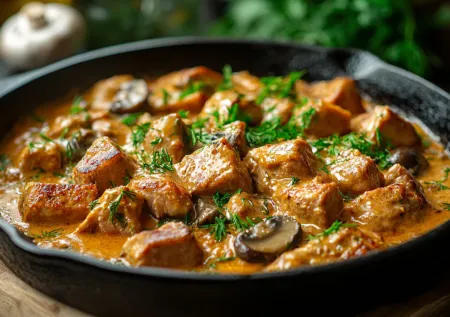 Забудьте про гуляш! Тушу мясо с луком и грибами в сметанно-горчичном соусе. Это старинная скоблянка