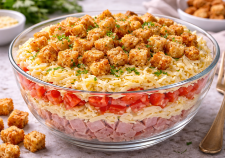 Салат с ветчиной и сухариками: 4 простых ингредиента, а вкус потрясающий. Его всегда съедают первым