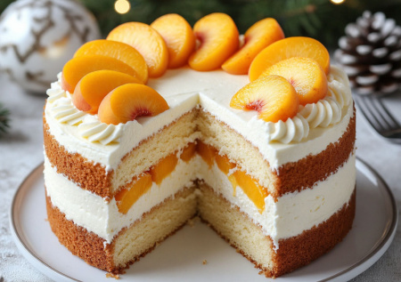 Сладкое чудо Рождества: торт с персиками и нежнейшим творожным кремом — вкусно по-домашнему