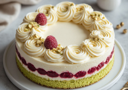 Фисташки, белый шоколад и малиновый мусс — праздничный торт «Лунный вальс». Магия вкуса в каждом слое