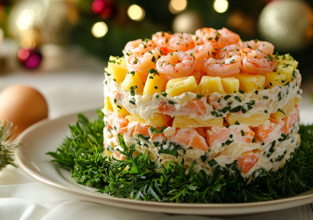 Легкий и одновременно праздничный салат «Комплимент» с креветками: нежнейшая комбинация слоев