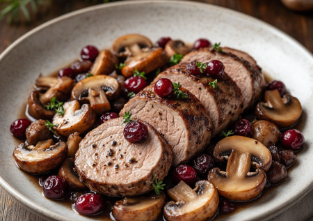 Зимний вечер просит горячего «Таежная сказка» — сочная свинина с лесными грибами и клюквой. Вкусно и просто