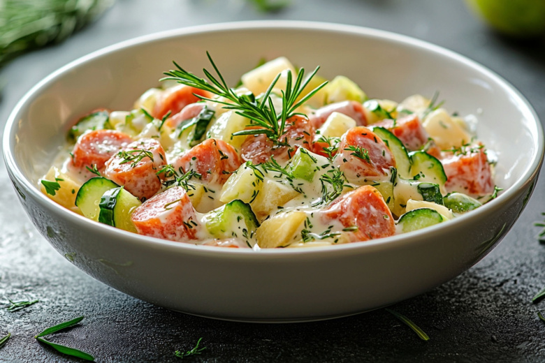 Для этого салата варить ничего не нужно. Готовлю швейцарский салат с мясом и огурчиками — не оливье: вкуснее и проще