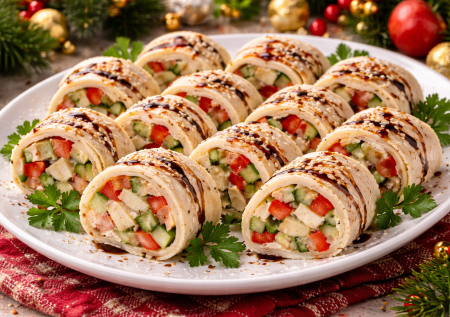 Вкусная и простая закуска: рулет с копченой курочкой и перцем — когда все устали от сложных рецептов на Новый год