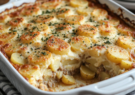 Уют на ужин — картофельная запеканка «Бабушкин сундук». Слои картофеля, фарша и грибов под румяной сырной шапкой