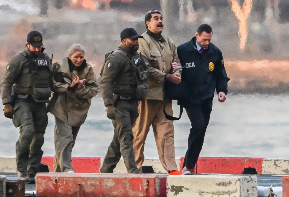 5 января 2026 года, Манхэттен, Нью-Йорк, США. Смещённый президент Венесуэлы Николас Мадуро и его супруга Силия Флорес прибывают на Wall Street Heliport для доставки в суд Нью-Йорка, где им предъявят обвинения по делу о наркотерроризме