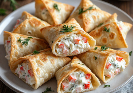 Аппетитные «Мешочки» — лаваш с крабовыми палочками и плавленым сыром. Изысканно, быстро и очень сочно