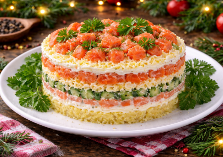 Пачка красной рыбки и 4 простых ингредиента: «Северное сияние» на Рождество — слоеный салат, который исчезает первым