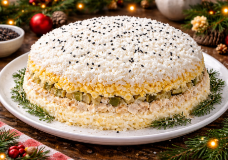 На Рождество обязателен салат «Снег» — нежный праздничный хит, который нравится абсолютно всем