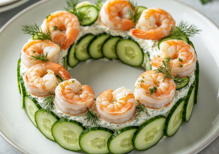 Салат-кольцо «Нептун» с креветками, огурцом и укропным кремом. Хрустящий, нежный и очень легкий