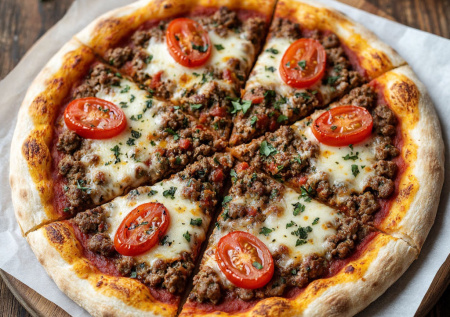 Кавказская «Лаваш-пицца» — с мясным фаршем, помидорами и аджикой. Открытый пирог, который покорит всех
