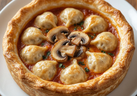 Домашняя «Курочка-пельмень» с грибами под хрустящим тестом. Разрезаешь — внутри ароматный бульон