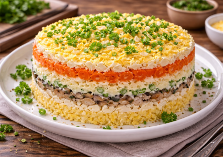 Тут все решает чесночно-сырный слой: салат «Домашний» — с курицей и грибами